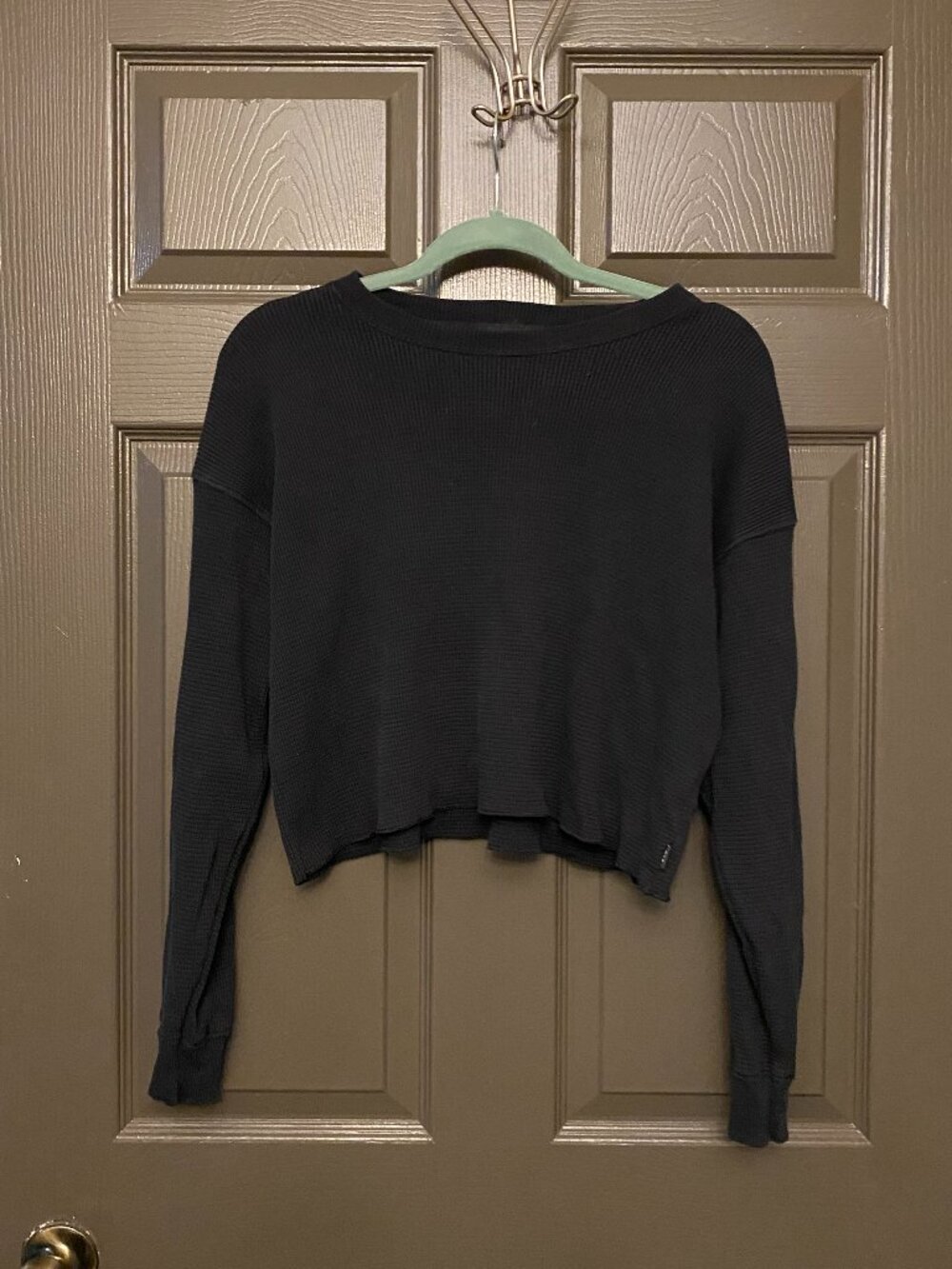 Aritzia Tna Waffle Knit Long Sleeve Cropped Top Black Size Small